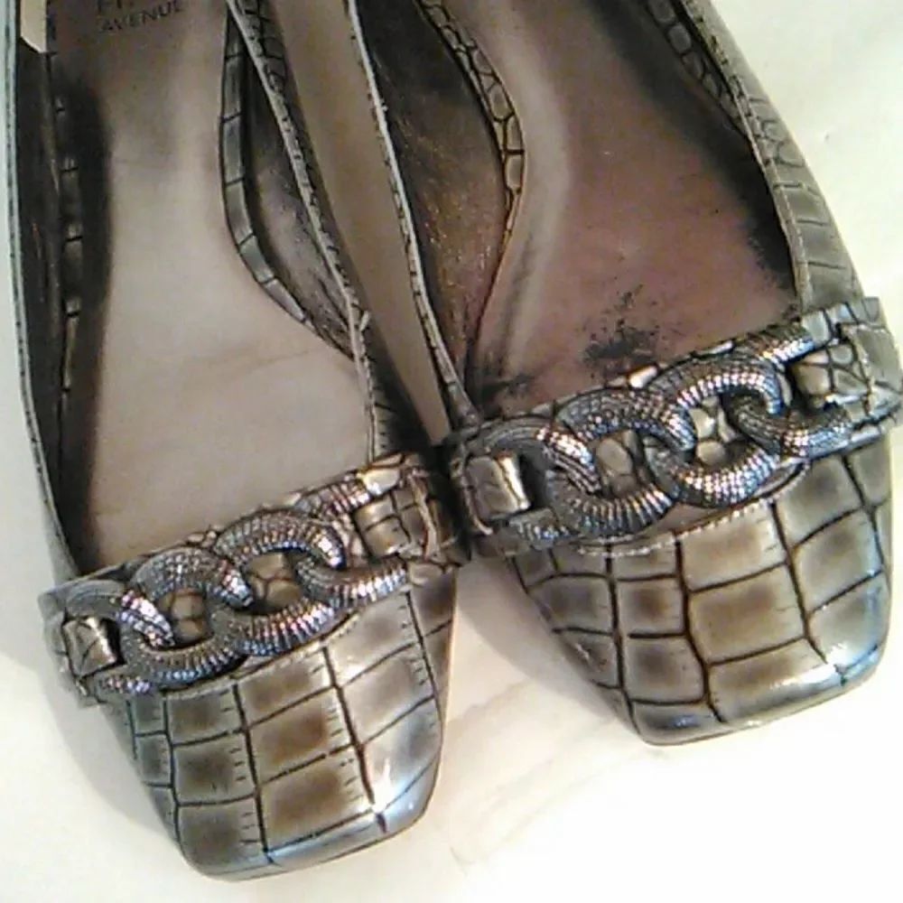 Saks Fifth Avenue Pewter Reptile Embossed Flats - Picture 2 of 14